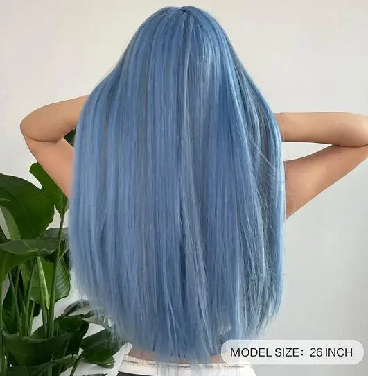 Peruca cosplay sintética azul reta longa com franja para mulheres, destaque de cinzas, cabelo natural, fibra resistente ao calor, diária