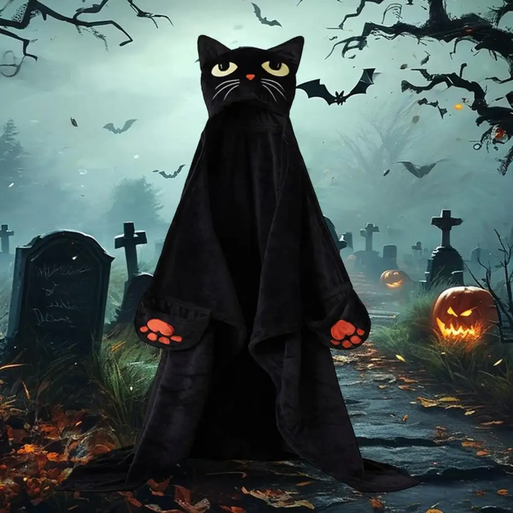 Decorative Hooded Throw Cozy Halloween Hoodie Blanket for Adults with Pocket Soft Flannel Pumpkin Black Cat Cosplay for Men