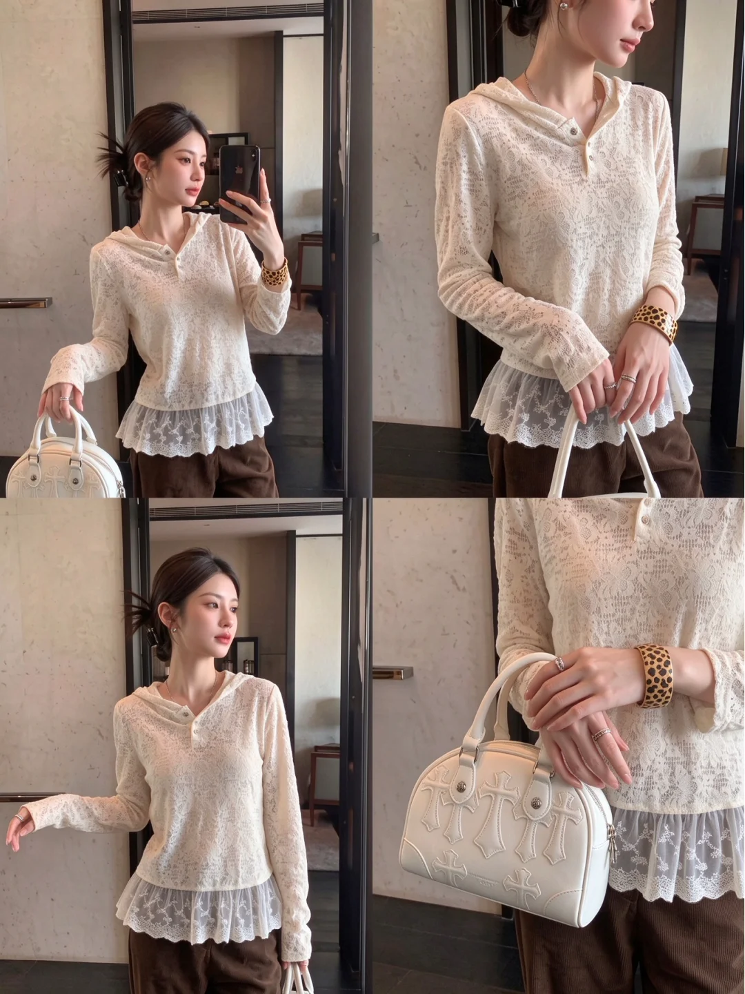 Korean Style Long Sleeve Lace Hook Flower T-Shirt Women's Autumn Design Sensation Light Maturity Unique Top Casual Style
