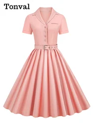 Tonval Pink Solid Cotton Long Robe Button Up Plain Vintage Elegant Women Short Sleeve Belted Pleated Midi Swing Dresses