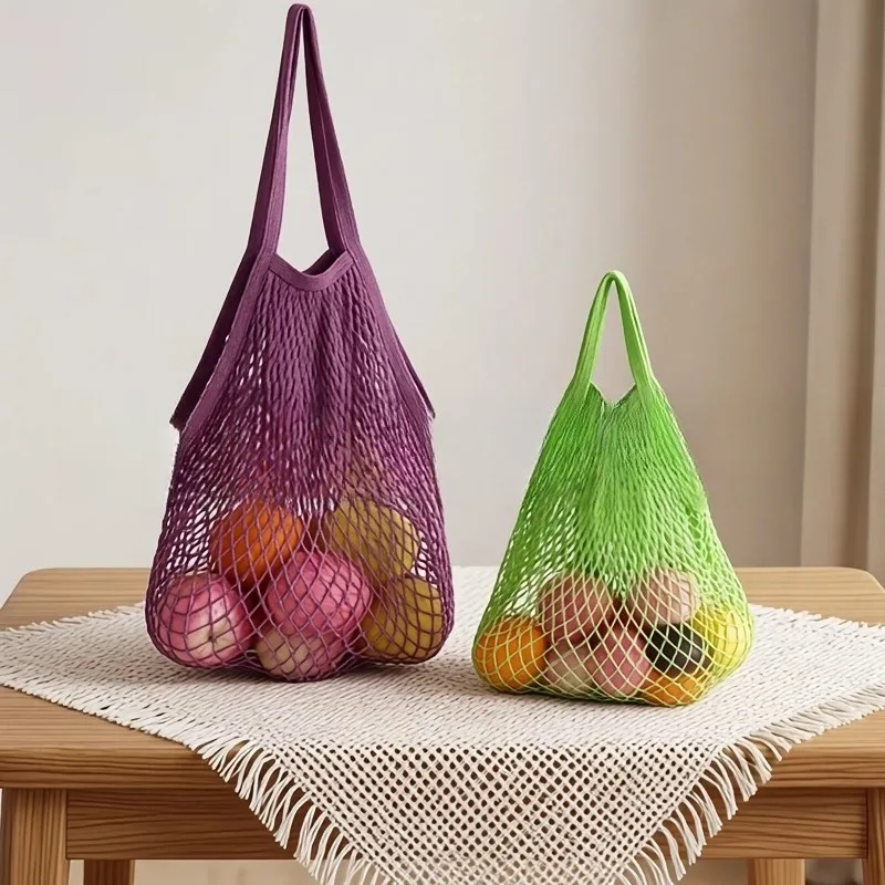 Reusable Cotton Mesh Produce Shopping Net Bag, Breathable Hollow Knit Fabric, Dual Length Handle Design, Large Capacity Fruit Vegetable Grocery Tote For Housewives Shoppers shopping bag