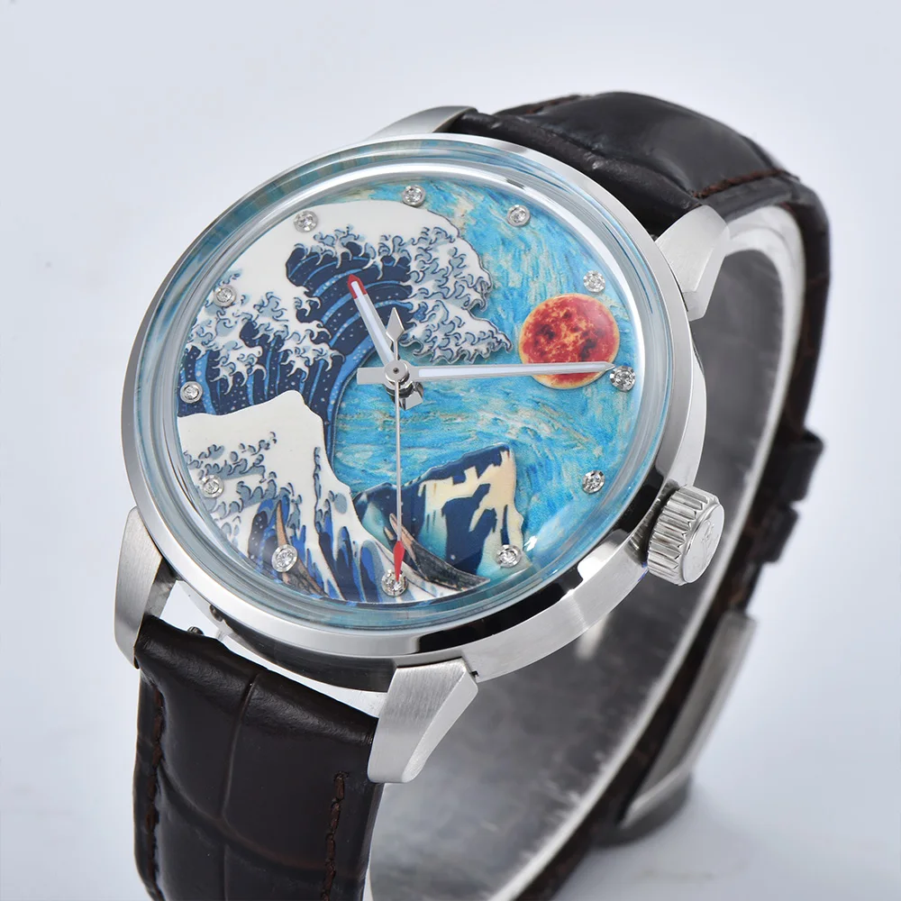 42MM watch 3D Kanagawa surfing watch men's watch mechanical watch suitable for Miyota8215 movement The Great Wave off Kanagawa