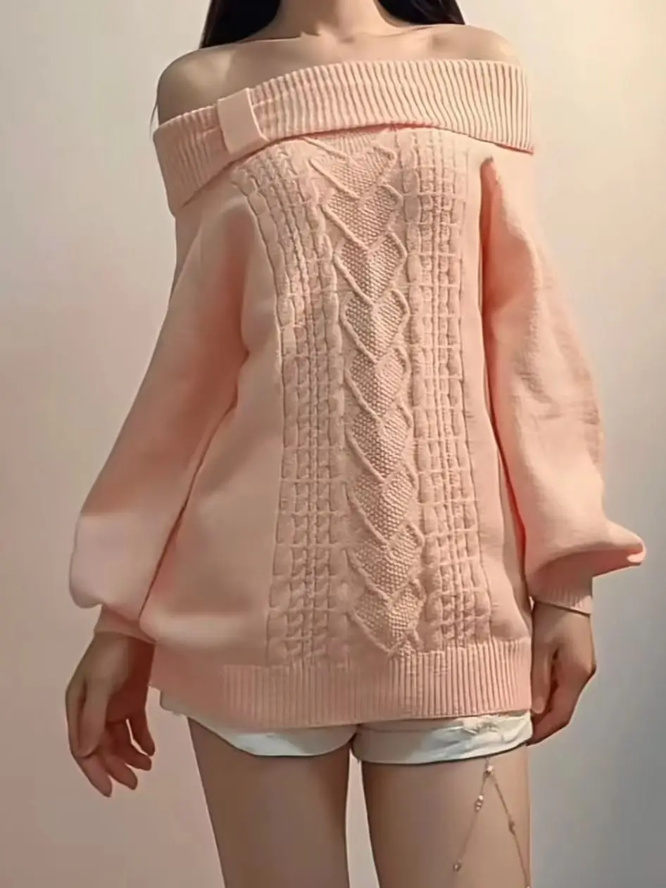 Daily Casual Streetwear Knit Pullover Sweater Women Japanese Sweet Off Shoulder Long Sleeve Soft Slim Fit Winter Jumper