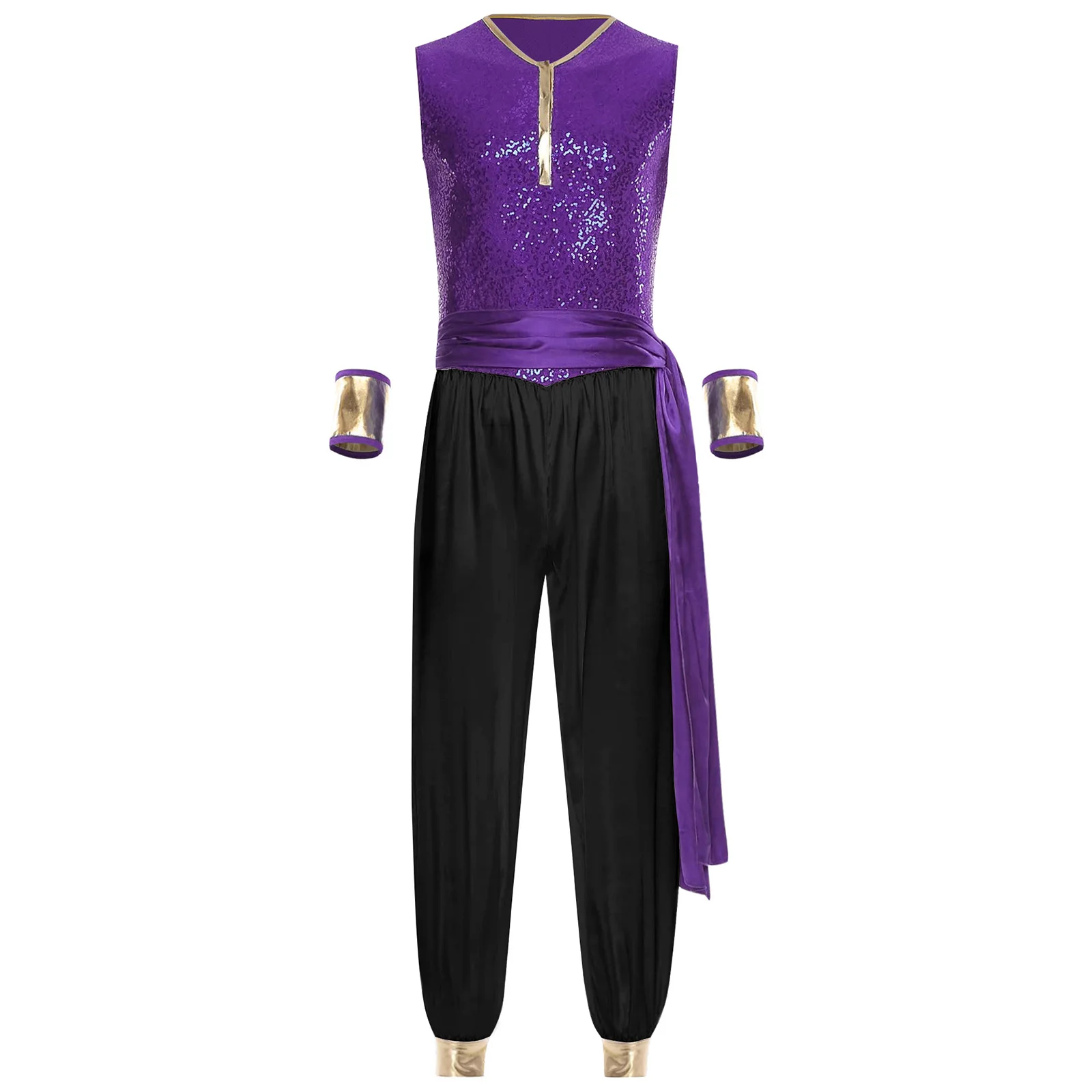 

Men Arab Indian Prince Cosplay Romper with Waist Belt And Sleeves Sequin Bodice Satiny Loose Pants Lamp Halloween Dress-up