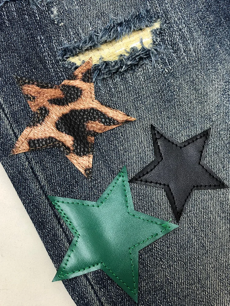 

Fashionable star sticker printed jeans men's trendy brand slim fit small foot elastic distressed retro denim casual pants