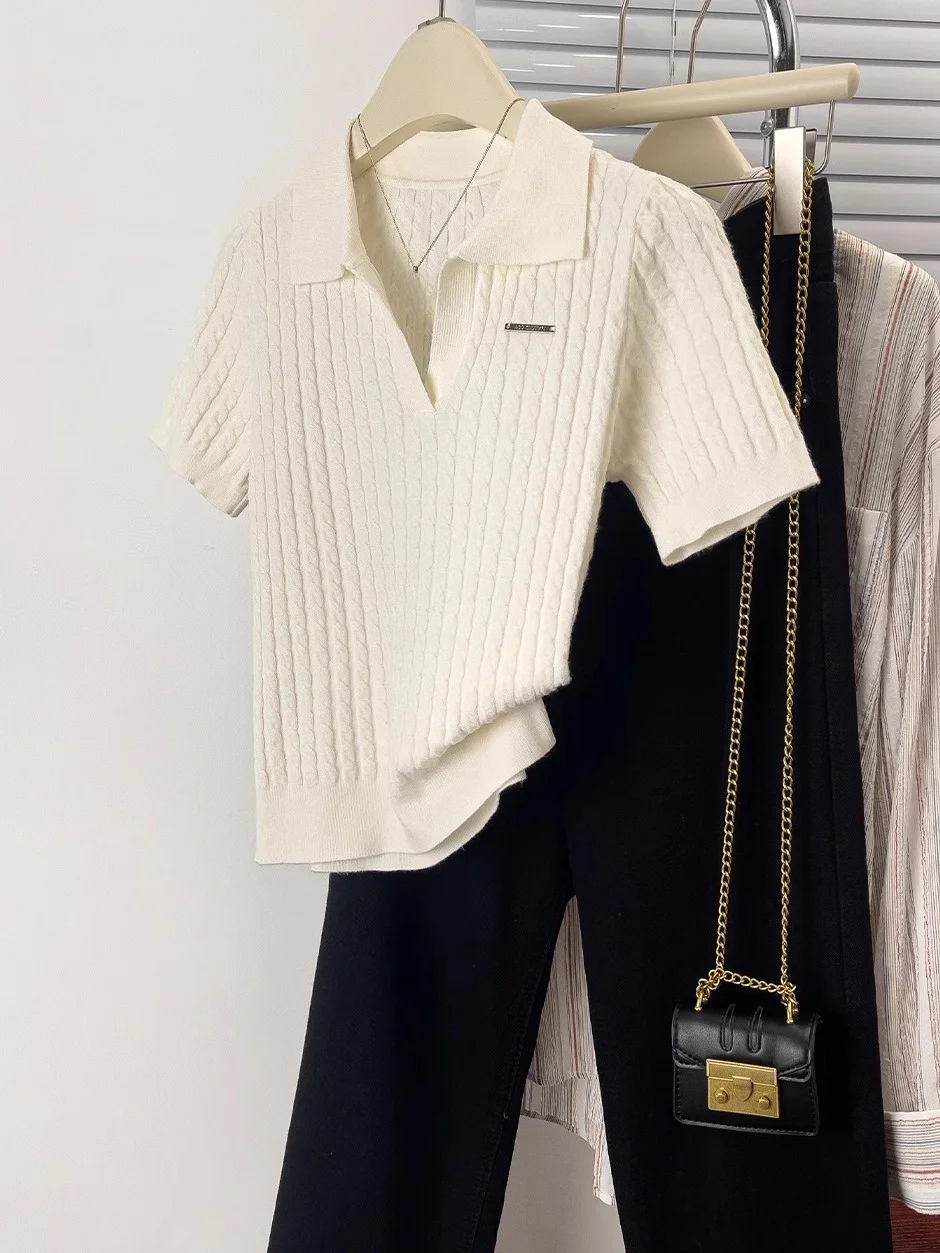 

Slimming Large Size Women's Ice Silk Knitted Short Sleeve Neck Base Shirt Fashionable Turn-down Collar Loose Fit T-shirt