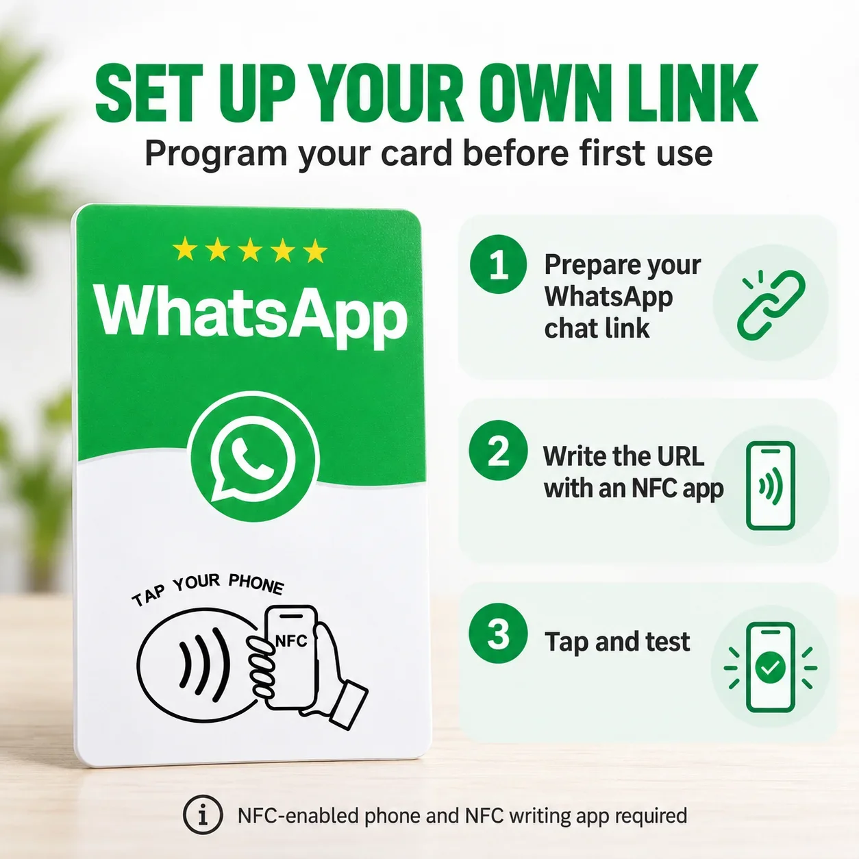 1pc NFC Contact Card for WhatsApp NTAG215 Rewritable Green and White PVC Contact Link Sharing for Shop Customer Service