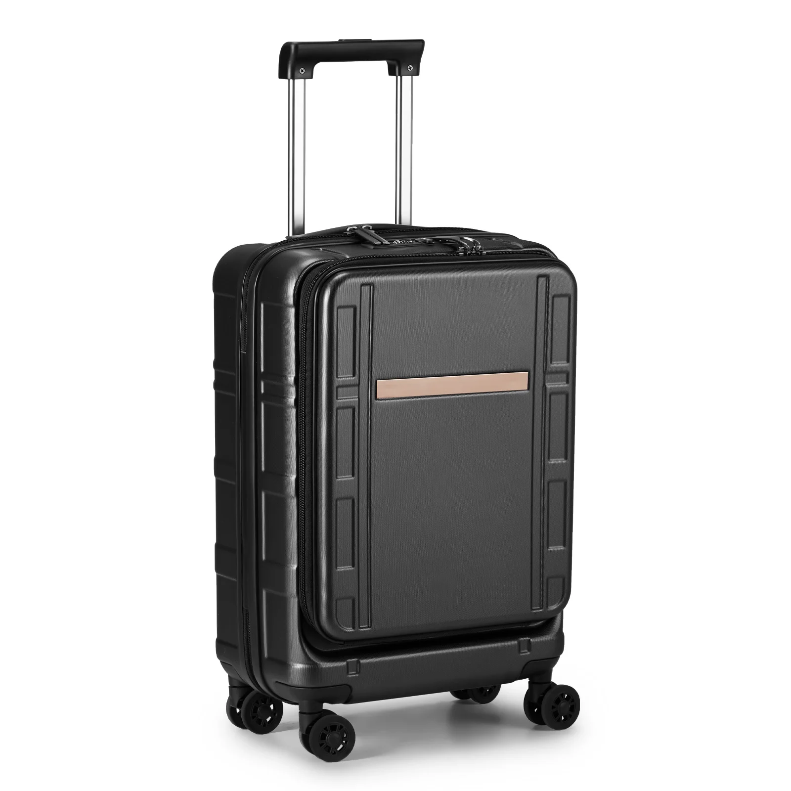 22 X 14 X 9 Airline Approved, ABS+PC 20 Inch Luggage with Front Compartment, Double Spinner Wheels, TSA Lock，Black Color