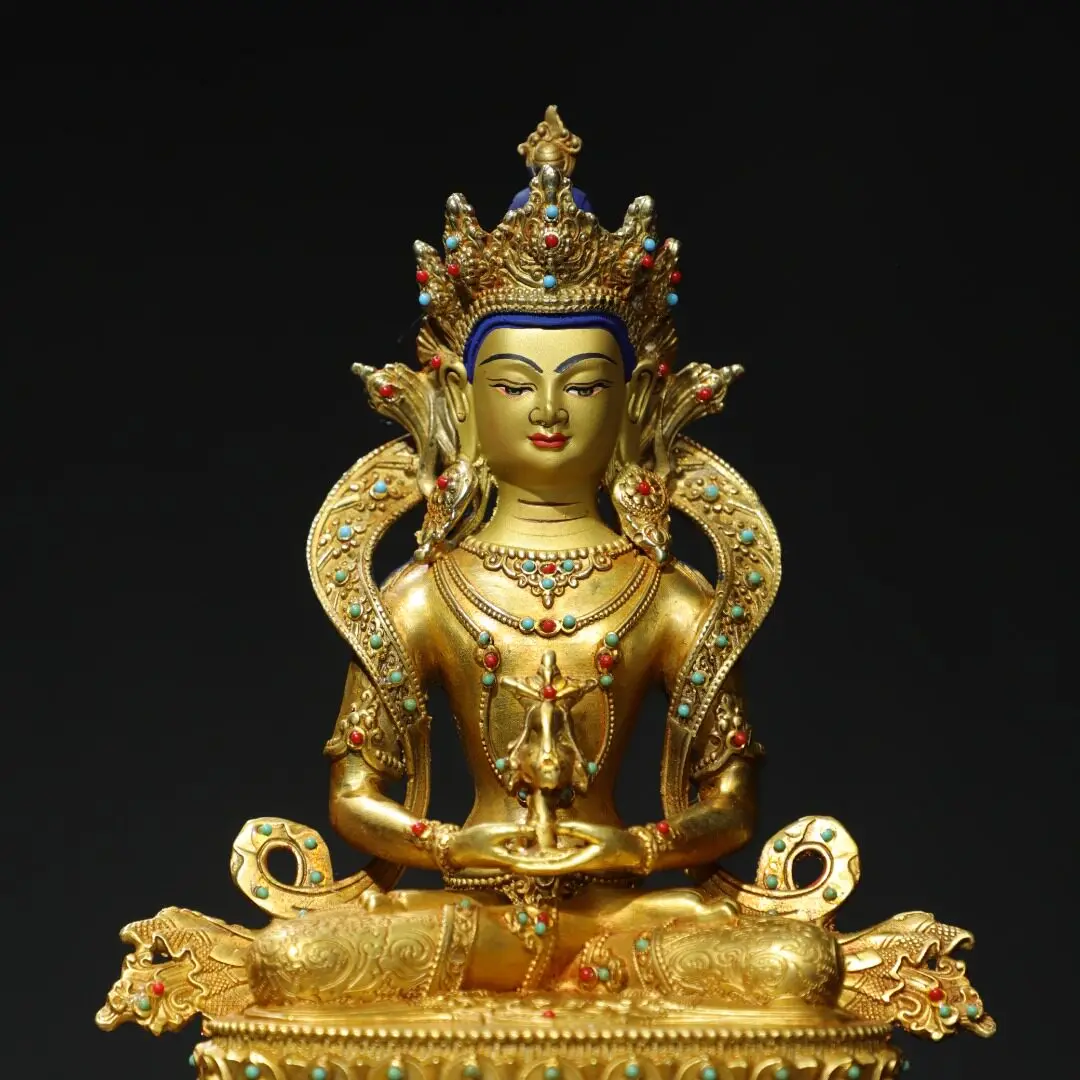 Amitayus Bodhisattva Pure Copper Gold Gilded Inlaid Gemstone Tibetan Temple Desk Decor Vintage