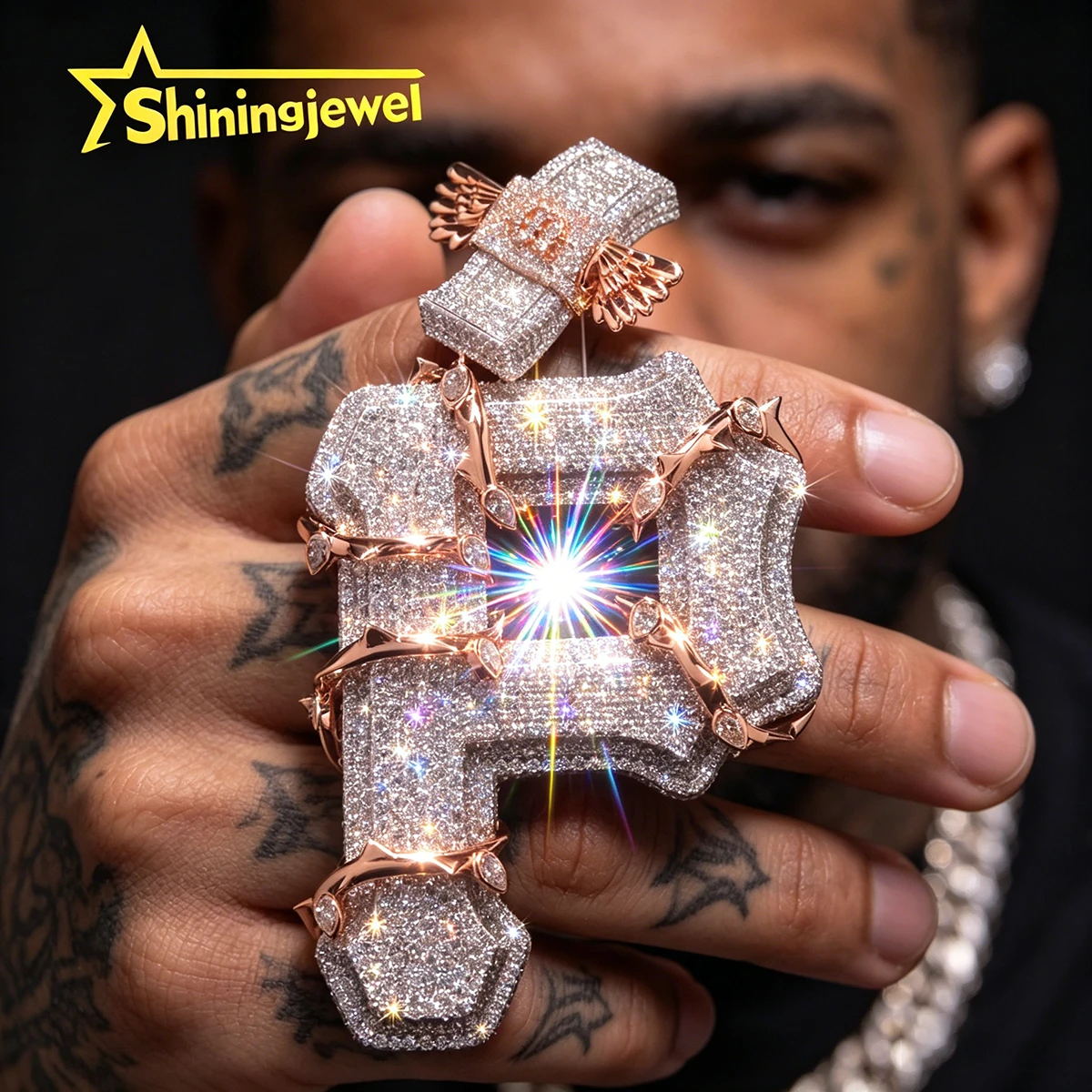 Hip Hop Iced Out Barbed Wire Letter P Pendant 18K Gold Plated Fashion Custom Alphabet Bling Pendant Rose Gold Micro Pave Cubic Zirconia Thorn Initial Charm Necklace Punk Streetwear Jewelry Gift For Rapper Men Women Stage Outfit Daily Wear Party Accessory