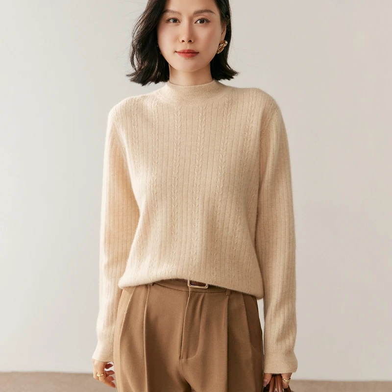 100% чистый кашемир! Женский толстый 12-игольный пшеничный пуловер с половиной и высоким воротником, мягкий и элегантный пуловер