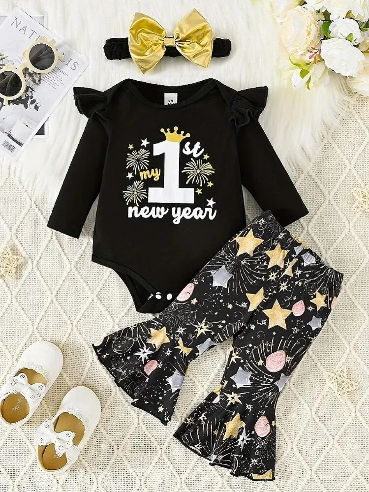 0-24 Months Spring And Autumn New Baby Girl Long-Sleeved Triangle Romper Bell Pants Hat Headband Four-Piece Suit