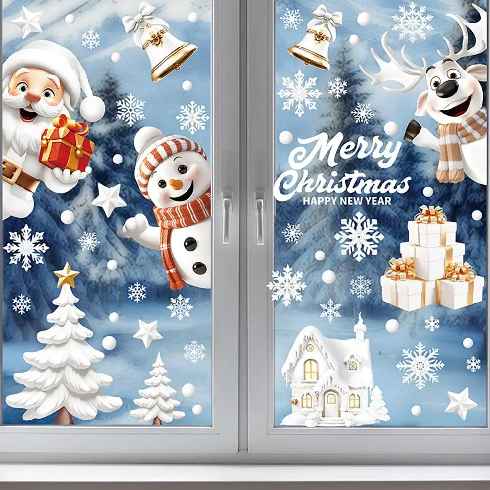 9 Sheets Christmas Stickers Non-adhesive Snowflake Window Decals Waterproof Cartoon Santa Claus Stickers for Xmas Party Winter W