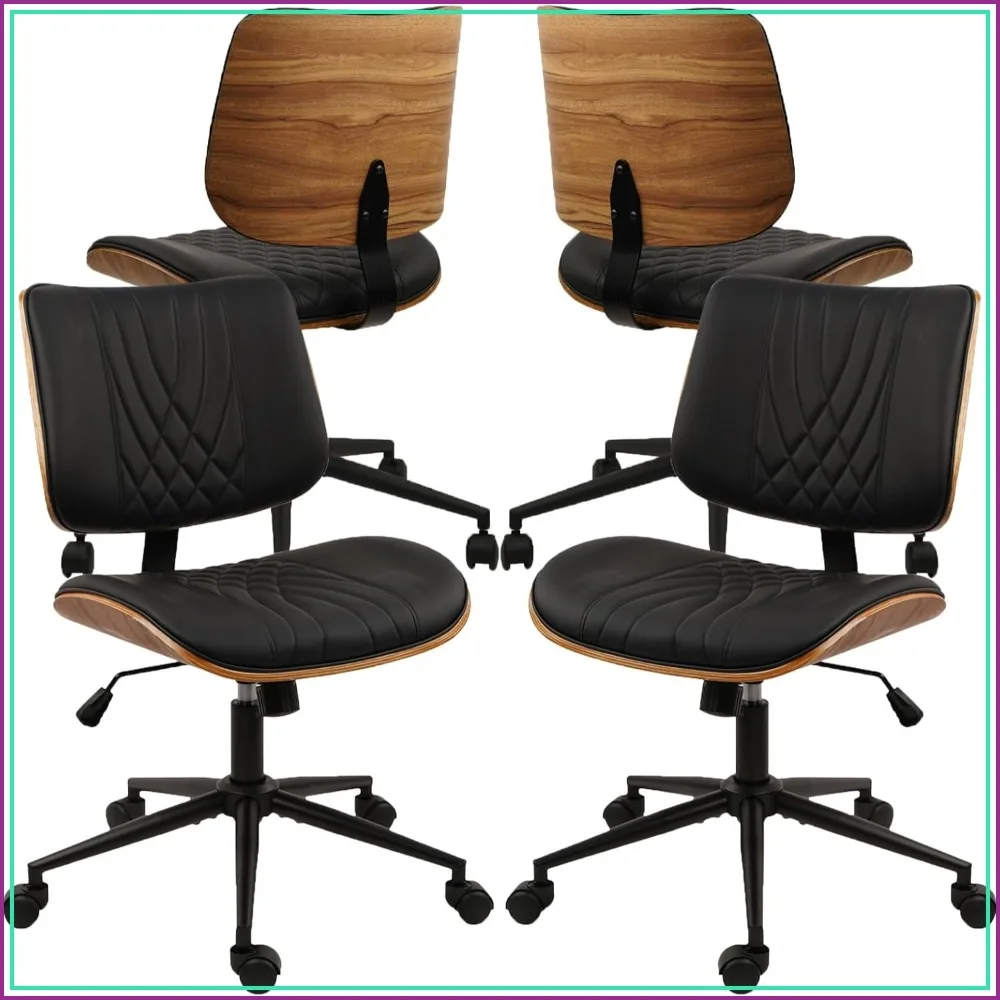 Armless Home Office Desk Chair with Wheels PU Leather Mid Back Swivel Walnut Black 4 Pack