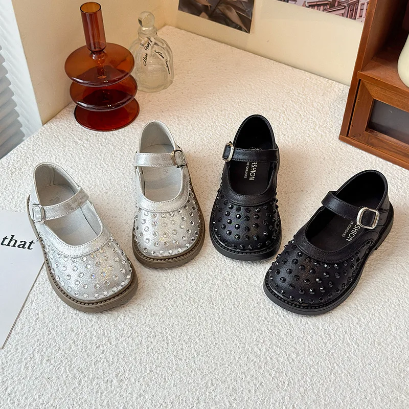 

Girls' Fragrant Style Mary Jane PU Leather Shoes New Rhinestone Flat-soled Children's Soft School Student Loafer Size 23-33