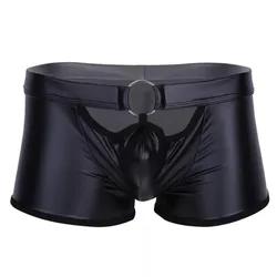 Open Front Hole Boxer Briefs O-ring Underwear Mens Sexy Temptation Matte Faux Leather Wet Look Boxershorts Man