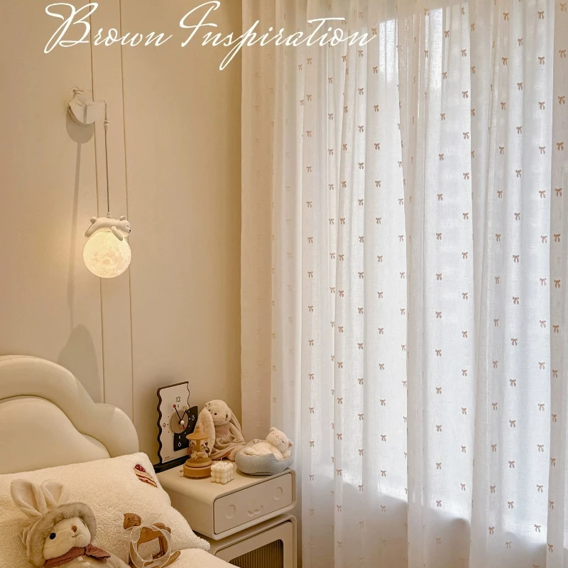 Custom Size French Embroidered Window Screen Cream Sweet Pink Bow Window Screen Curtains for Living Dining Room Bedroom Window