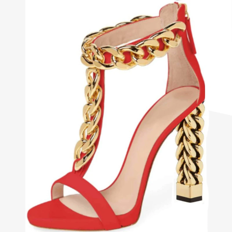 DIZHUANG Fashionable women's high-heeled sandals. Red (black) suede. Golden chain. About 11cm heel height. Summer women's shoes.