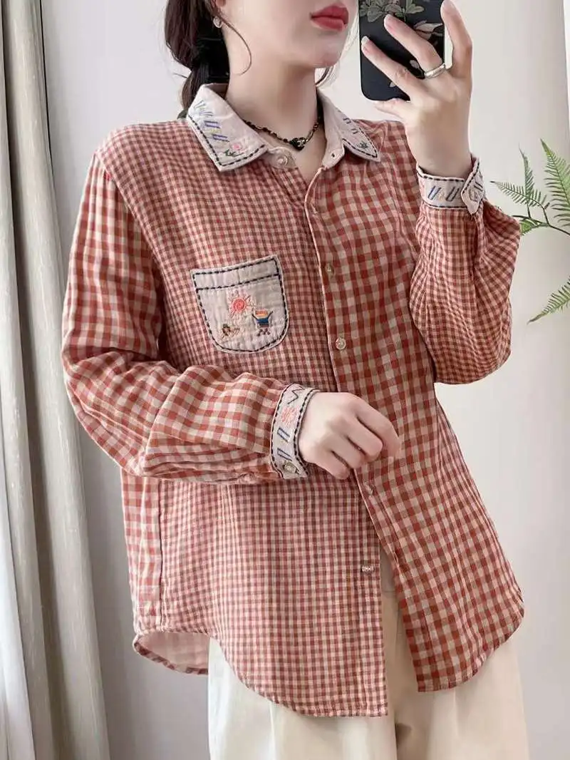 New Spring Cotton Yarn Casual Shirts Women Lapel Loose Embroidery Blouse Girl Long Sleeve Sweet Plaid Top 2024 Autumn T45595QM