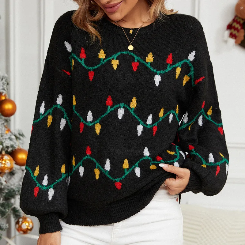 Women Casual Streetwear Jacquard Sweet Christmas Party Knitted Sweater Trendy O Neck Long Sleeve Loose Pullover Tops Y2K Jumpers