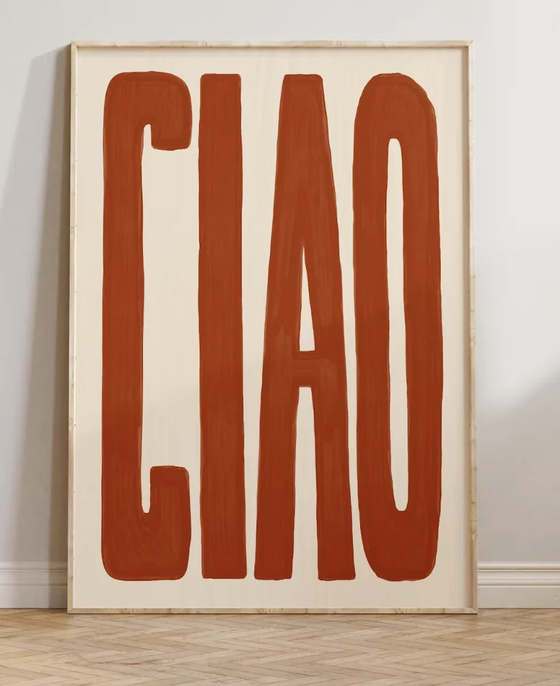 Terracotta CIAO Text Canvas Print, Minimal Italian Word Wall Printing, Decor for Living Room, Bedroom, Kitchen, Entryway Poster