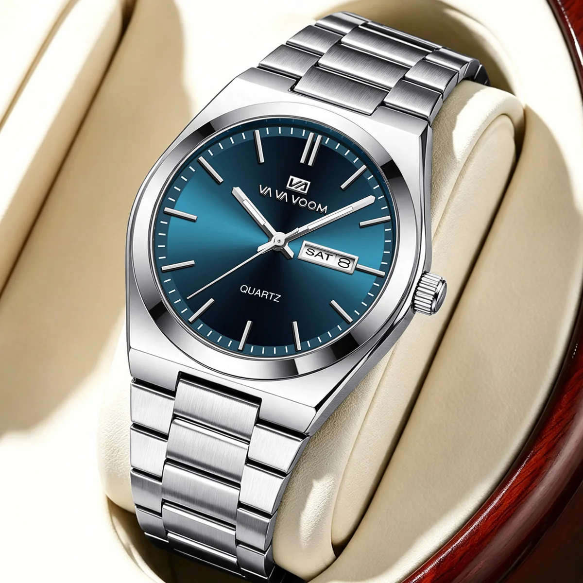 Luxury Watch For Man 3Bar Waterproof Luminous Date Week Silvery Stainless Steel Men Watch Casual Quartz Men Watch Male Clock+Box