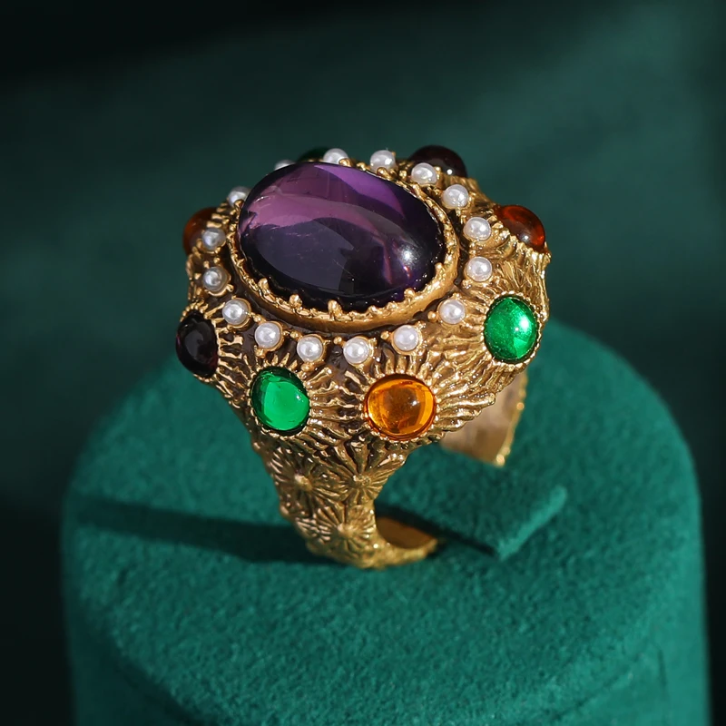 Vintage Purple Glaze Rings Colored Oval Antique Gold Color Luxury Designer Jewelry High Quality For Woman Mothers Day Gift 2026
