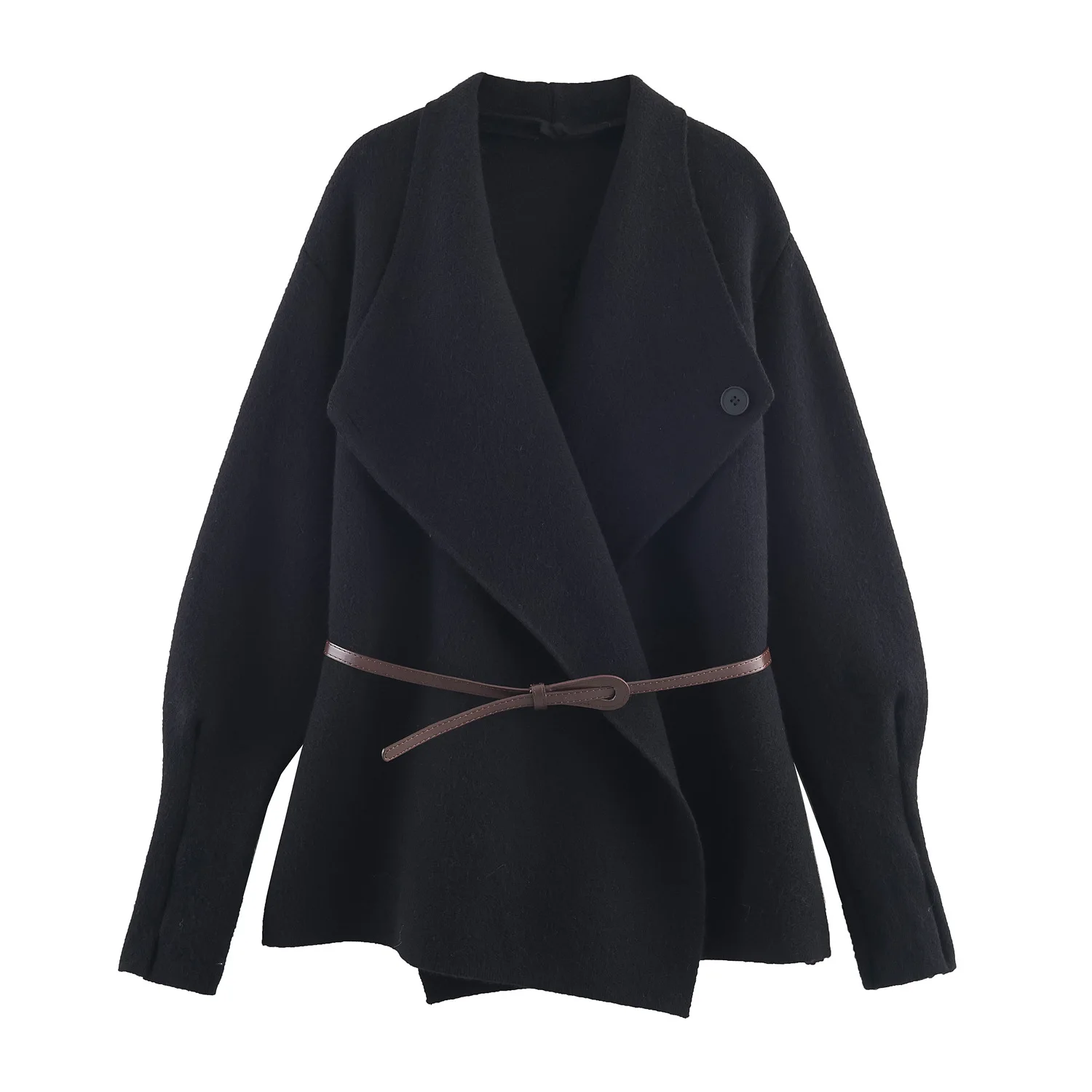 2025秋冬新作 シンプル無地 レディース ミディアム丈 ベルト付き ニットスーツ フレンチ風 大きめ襟 女性用 カジュアルコート