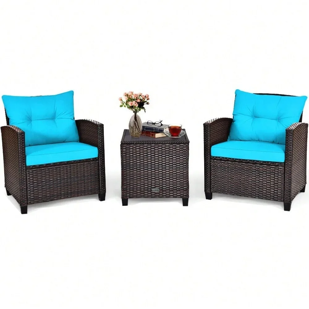 3PCS Patio Rattan Furniture Set Cushioned Conversation Set Sofa Turquoise