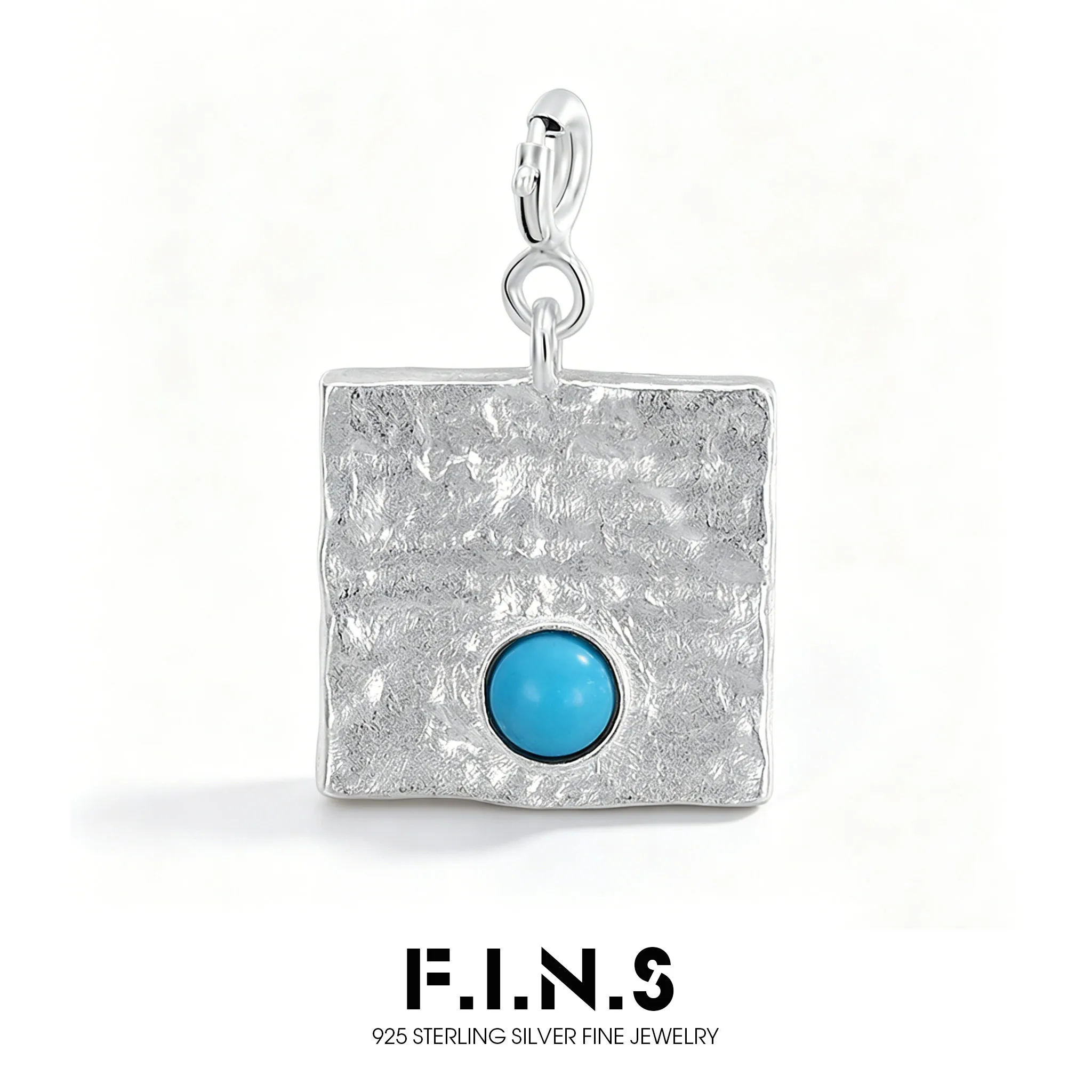 

F.I.N.S Minimalist S925 Sterling Silver Textured Square Turquoise Pendant for Women Unique INS Irregular Surface DIY Charms