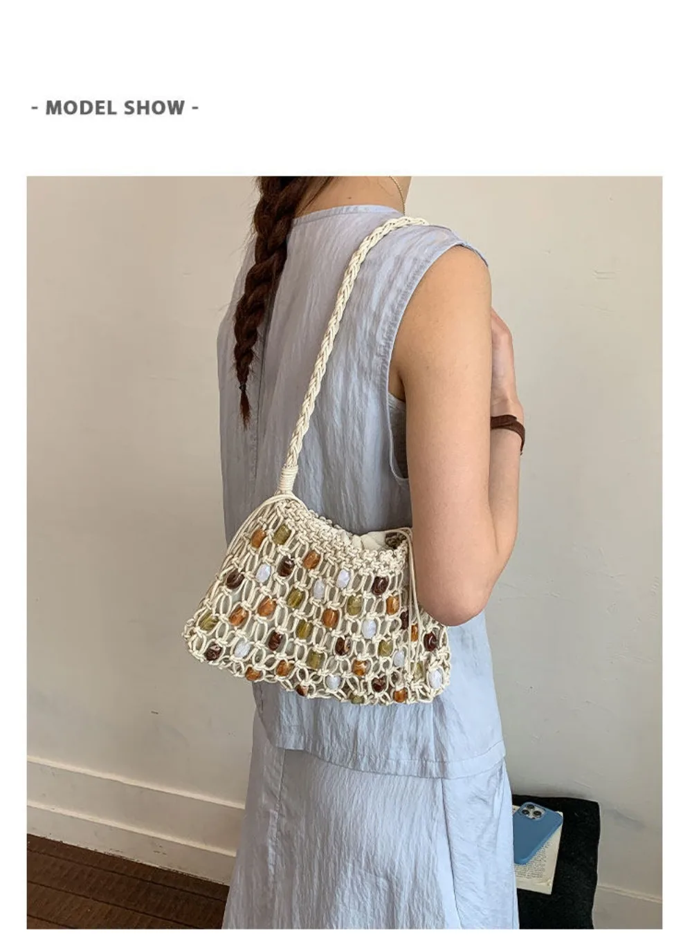 Neue Hohle Gewebte Perlen-Schultertasche Böhmische Sommer-Perlen-Gewebte Tasche Große Kapazität Bunte Crossbody-Strandtasche Einkaufstasche – Detail 3