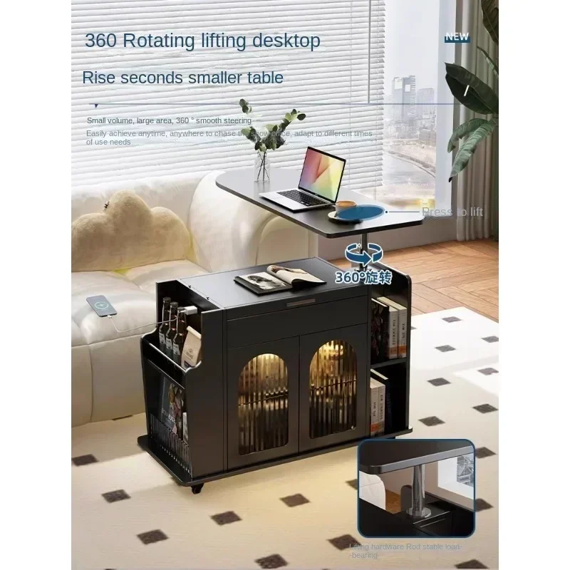 

Retro solid wood lifting small coffee table small table living room cart sofa tea side cabinet movable