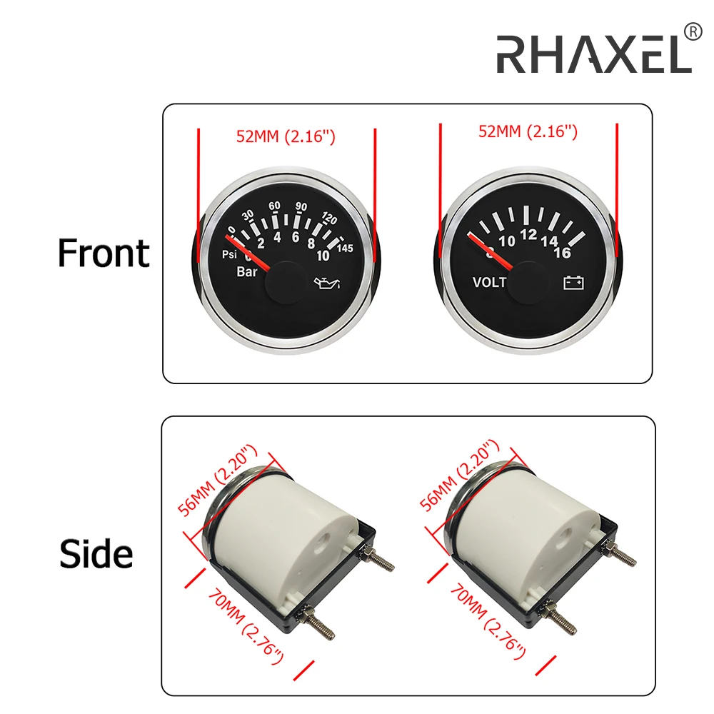 

RHAXEL 52mm Fuel Level 0-190ohm Water Temperature 40-120℃ Oil Pressure 0-10Bar Voltmeter 12V with Red Backlight for Auto Truck