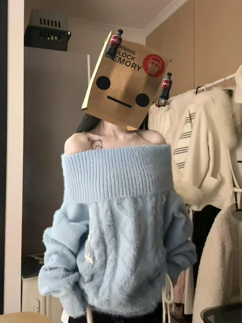 

Loose Fit oulder Bared Knitted Sweater Women's Winter Faion Mink Imitation Cord Pull over Soft Comfortable Warm Top