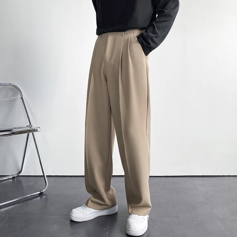 New Fashion Men\'s Oversize Suit Pants Wide Leg Long Drape Trousers Solid Straight High Waist Casual Pant Black White Khaki