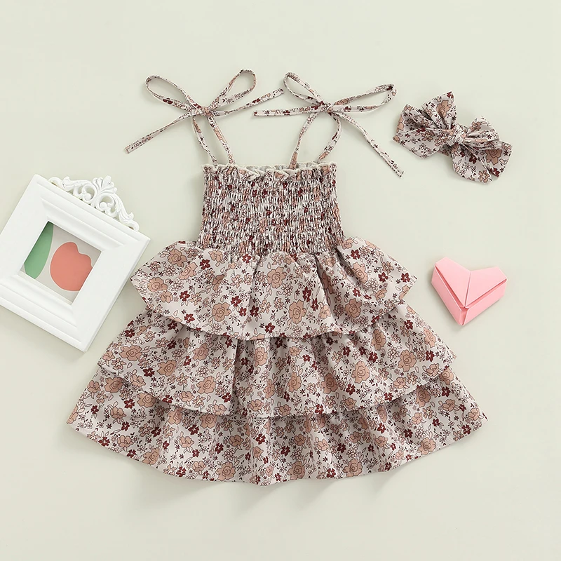 

Toddler s Stylish Ruffle Sleeve Dress Set with Matching Bow Headband and Floral Print Design