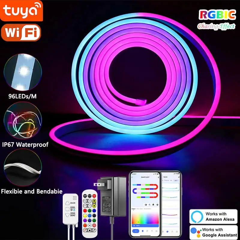 TUYA Neonowe taśmy LED Silikonowa taśma neonowa 5-24V 84LEDs/M z synchronizacją muzyki RGBIC Dreamcolor Chasing Strip Tape do pokoju