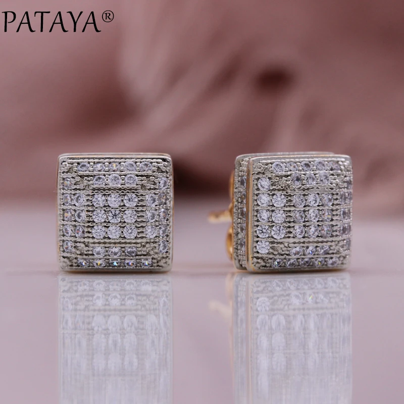 PATAYA New 585 Rose Gold Color Earrings For Women Girl Fashion Geometric Natural Zircon Ear studs High Quality Daily Jewelry