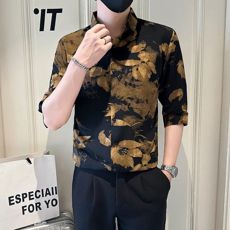 Retro Luxury Golden Flower Print Half Sleeved Men Casual Shirt Summer Fashion Elegant Slim Men's Floral Shirts Tops Streetwear