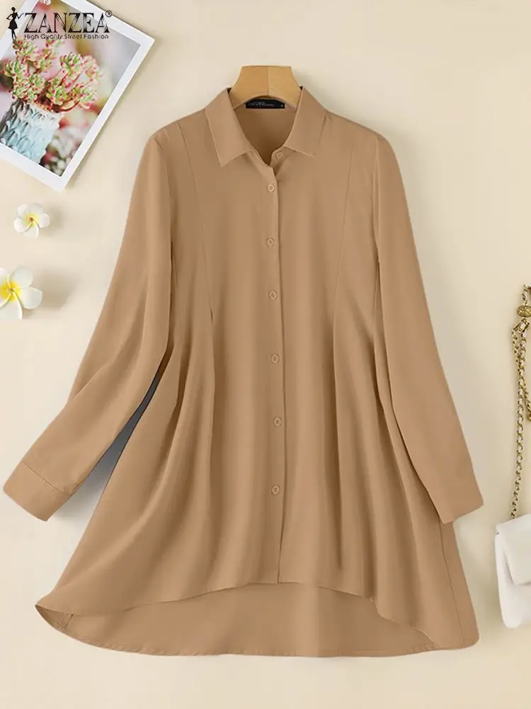 

ZANZEA Women Autumn Long Sleeve Shirt Fashion Solid OL Work Blouse Casual Button Blusas Mujer Irregular Hem Tops Tunic Femme