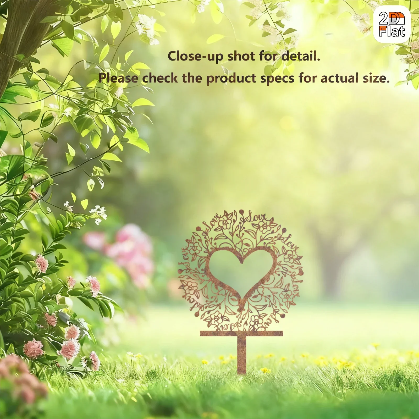 [2D Flat] Romantic Rust Floral Heart Metal Garden Stake Ground Spike Gift Wedding Anniversary Newlyweds Lawn Ornaments