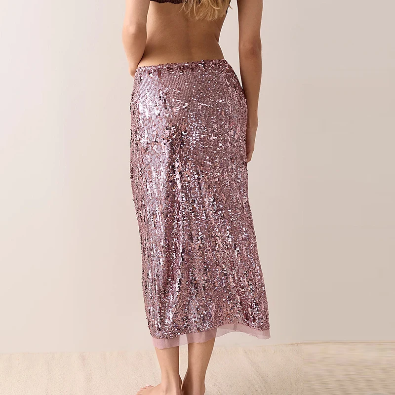 Autumn Sexy Glitter Fishtail Skirt for Party Women Chic Shiny Sequin Midi Skirt Elegant High Waist Bodycon Flared Hem Long Skirt
