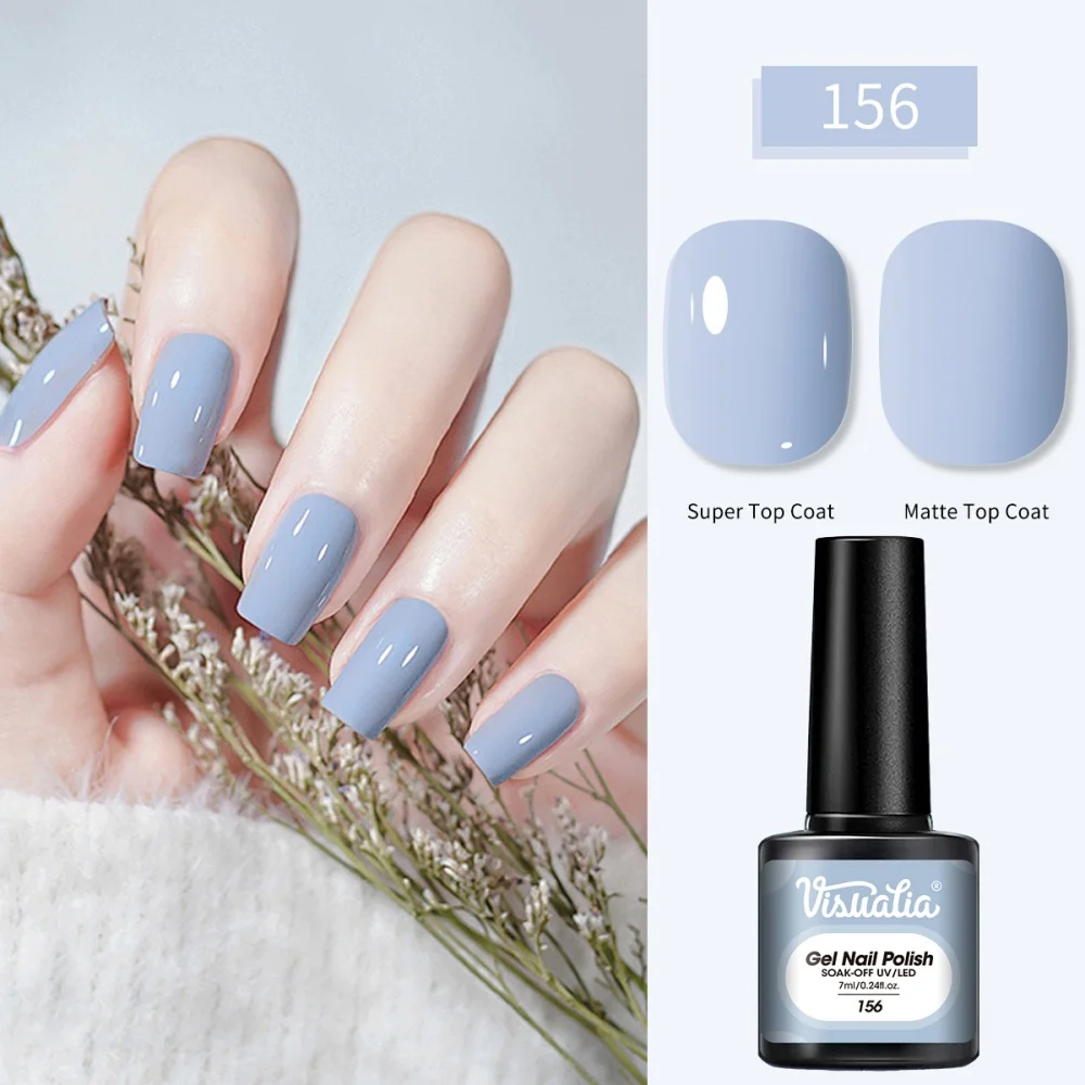 Visuatia 7ml Baby Blue Nail Gel, UVLED Removable Phototherapy Gel. Clean light milk blue, rich in color. Versatile color palette, the top choice for gentle manicures, creating a fresh and soft fingertip effect, suitable for both home DIY and nail salons
