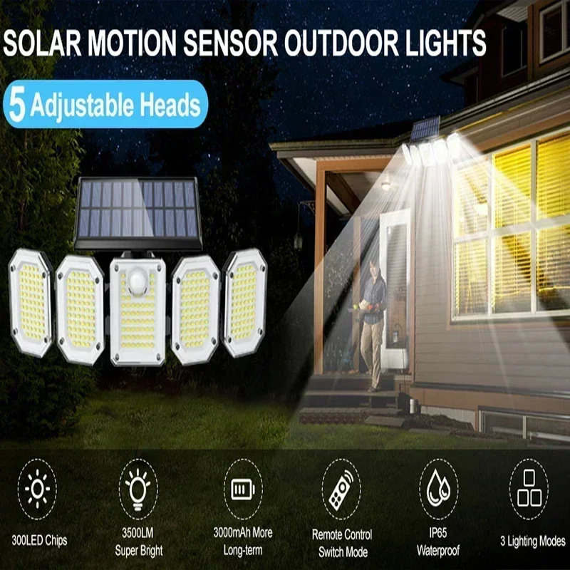 Imagem -06 - Sensor de Movimento Exterior Luz Solar Impermeável Iluminação Grande Angular Lâmpada de Parede Jardim Pátio Iluminação de Rua Cabeças Led 300