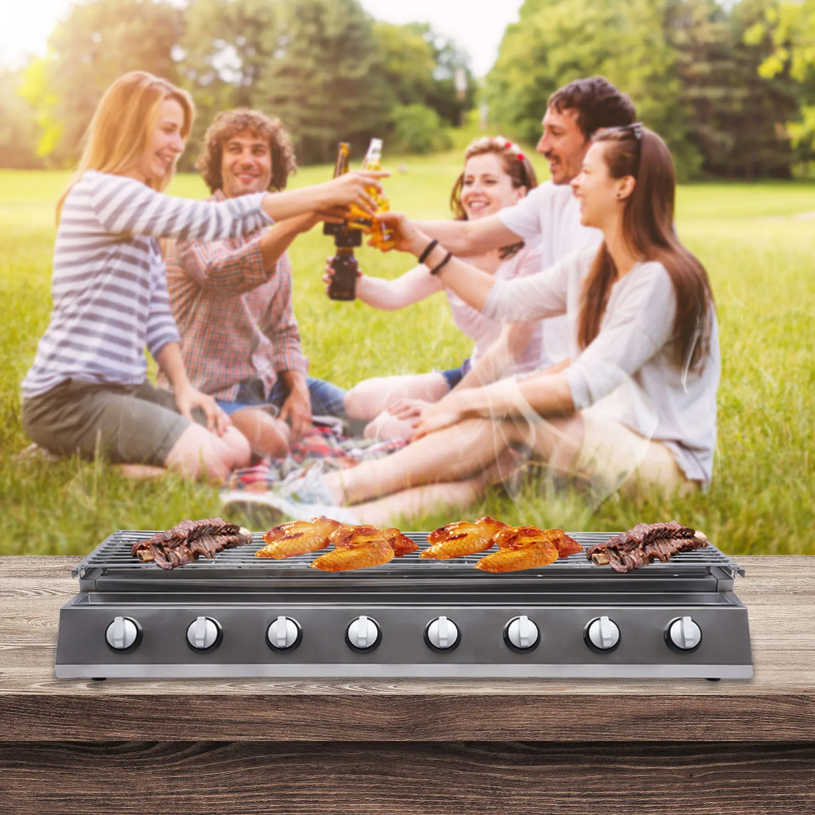 Gas Roasting Dish Gas Grill 8 Burners Stainless Steel BBQ Table LPG Gas Grill with Removable Grill 104*40*20cm