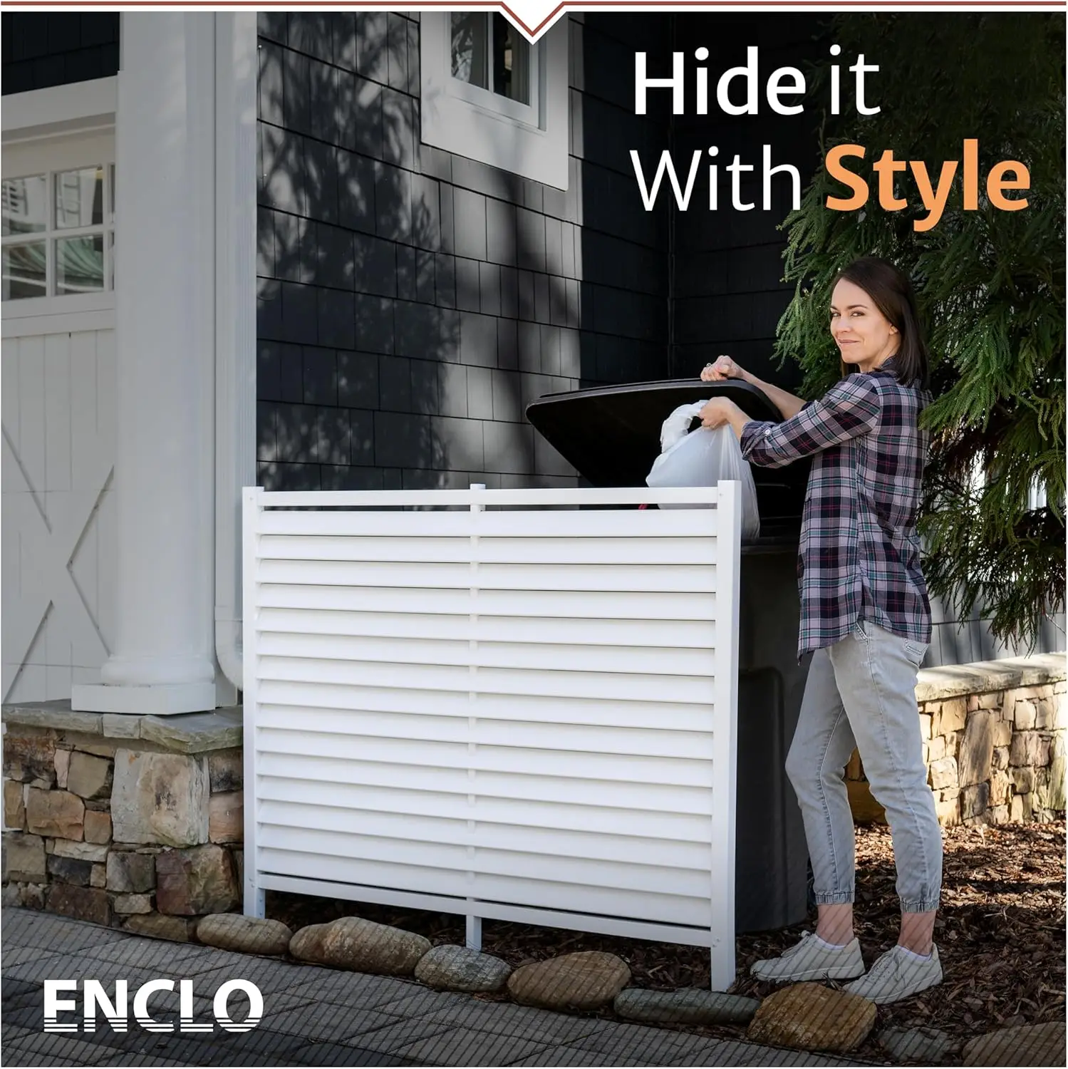 Outdoor Trash Can Hider, AC Fence, Pool Equipment Enclosure - Vinyl, White, No Dig, Louvered