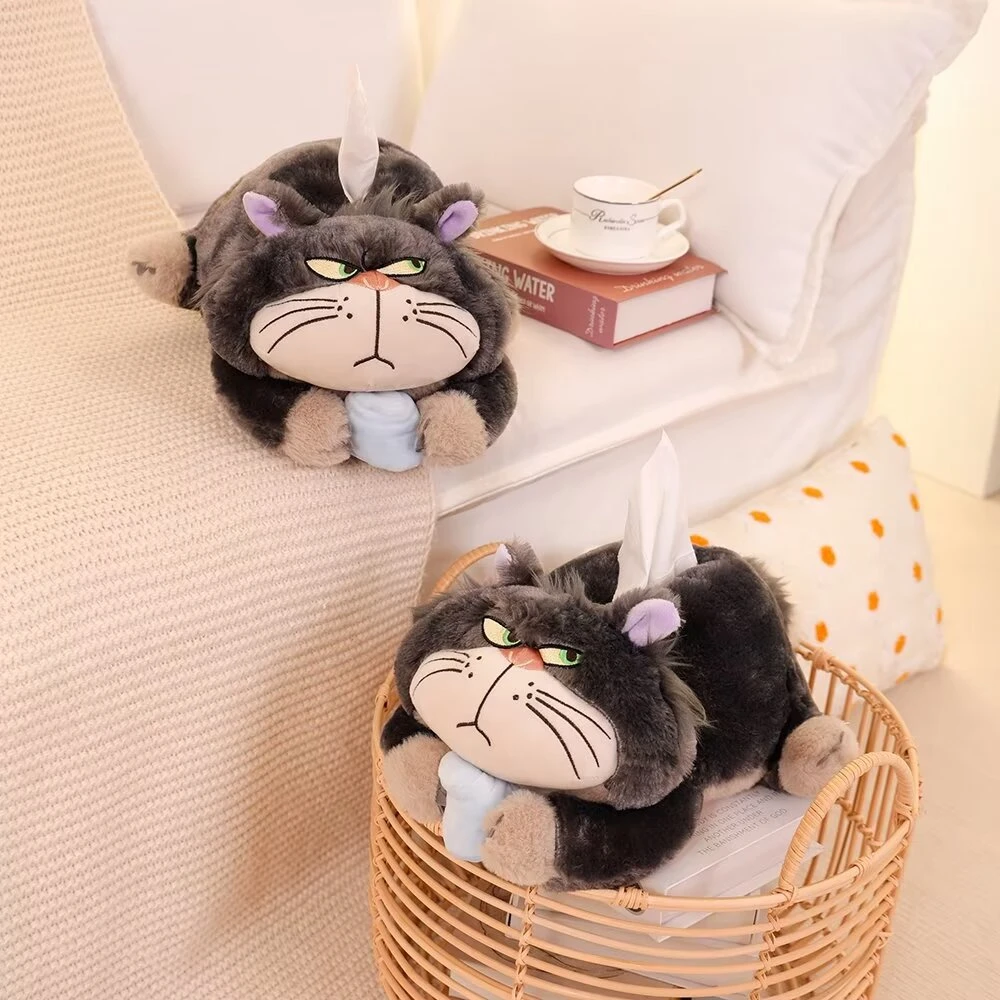 Cartoon Grey Cat Tissue Cover Lucifer Cat Stuffed Anime Cinderella Bad Cat Plushies Tissue Boxes Backseat Hanging Tissue Bag