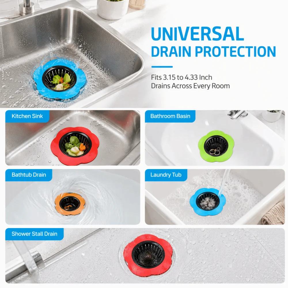 4 Pack 4.33 Inch Diameter Sink Drain Strainer Flower Shaped Wide Rim Design Kitchen Sink Strainer TPR Plastic Material