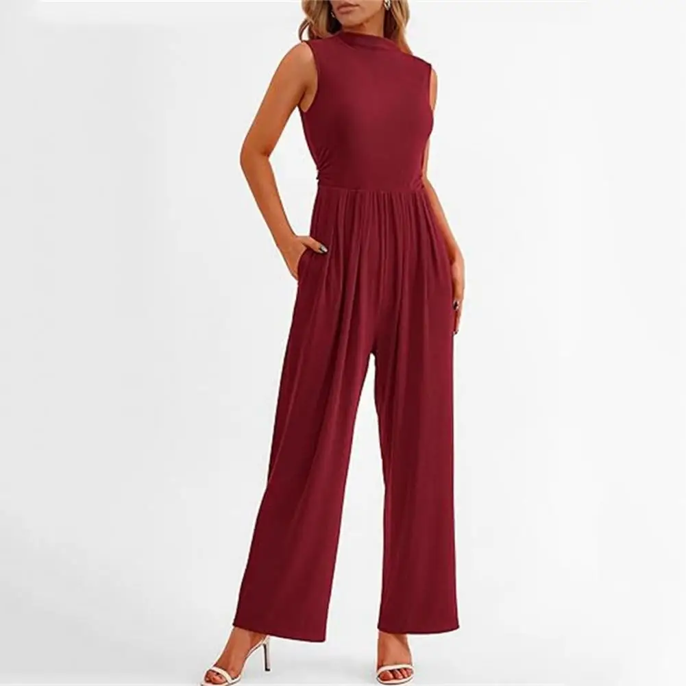 

Women Jumpsuit Sleeveless Pleated Half-High Collar Wide Leg Straight High Waist Pockets Summer ropa de mujer ofertas