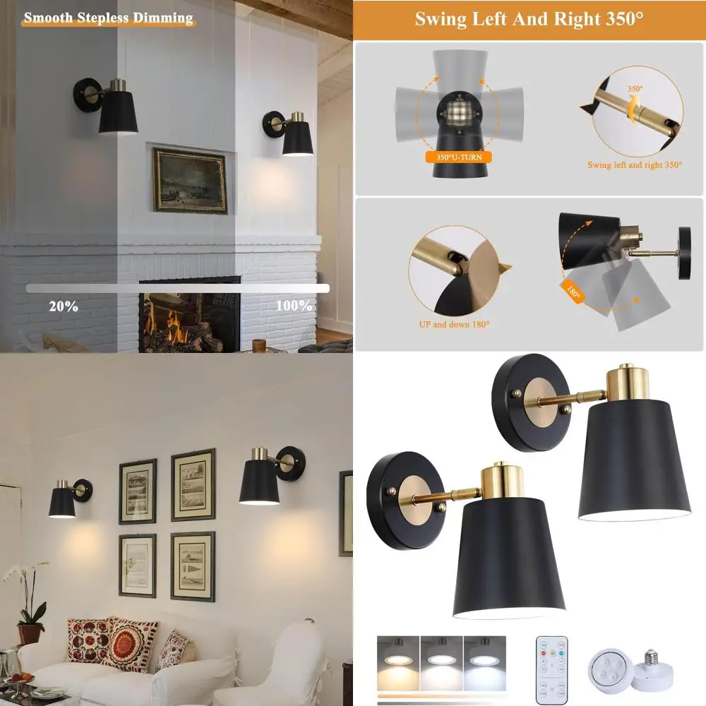 Set of 2 Battery-Powered Black & Gold Modern Wall Sconces with Remote, Dimmable LED Lighting for Indoor Rooms, Bulb Included